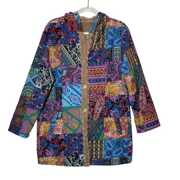 Patchwork Boho Hooded Coat Faux Fur Lined Button Down Mid Length Cozy Size L/XL - Picture 13 of 13